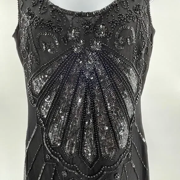 Pisarro Nights Black Sequin Art Deco Fringe LBD Sheath Cocktail Dress 6 NWT